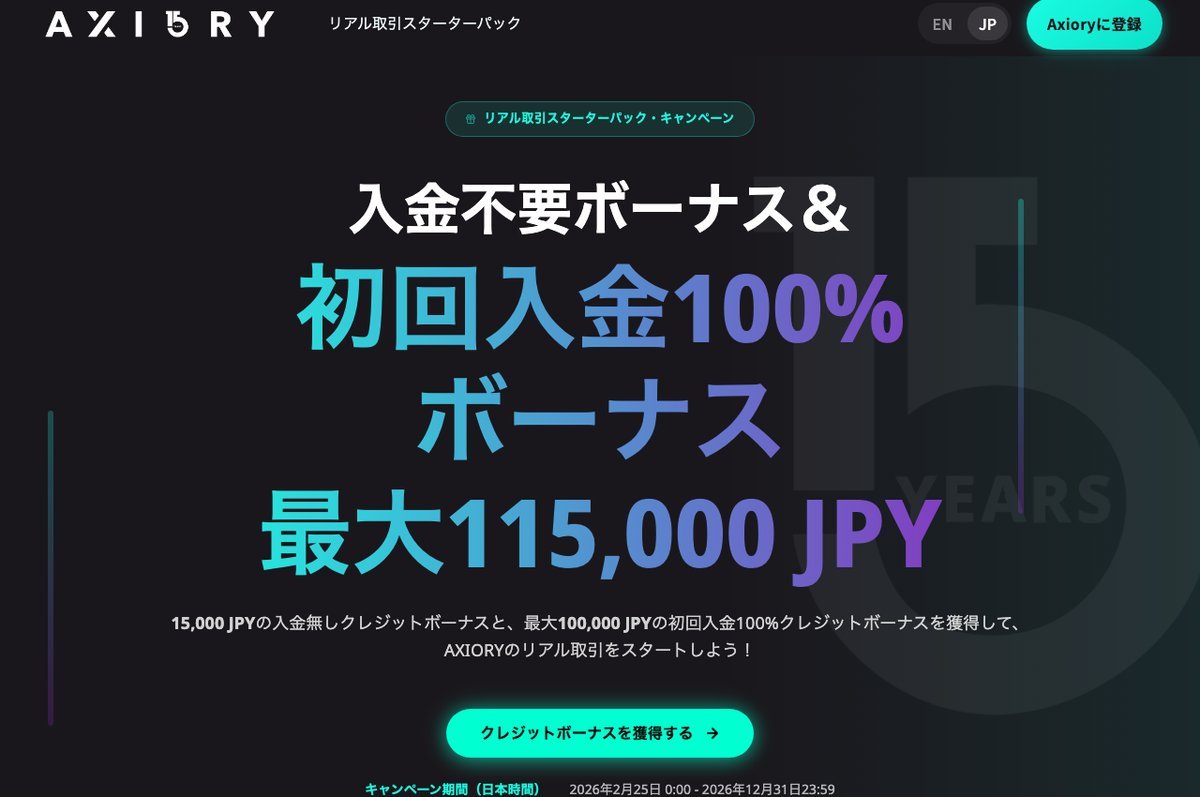 AXIORYの15,000 JPYの入金無しクレジットボーナス