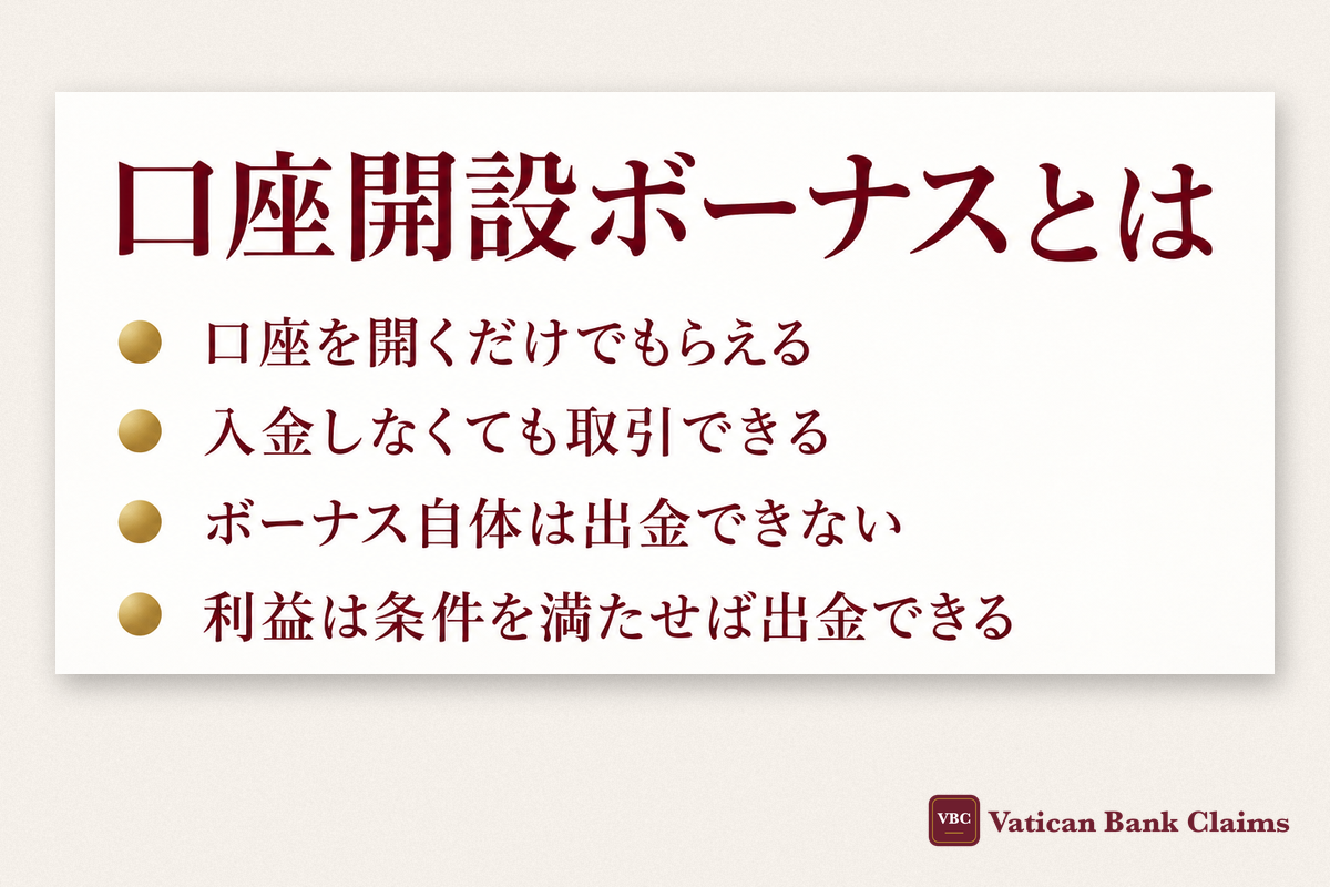 口座開設ボーナスとは：口座を開くだけでもらえる・入金しなくても取引できる・ボーナス自体は出金できない・利益は条件を満たせば出金できる